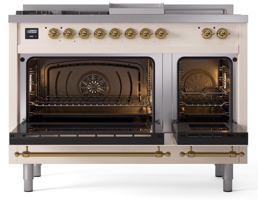 Nostalgie II 48 Inch Dual Fuel Natural Gas Freestanding Range in Antique White with Brass Trim