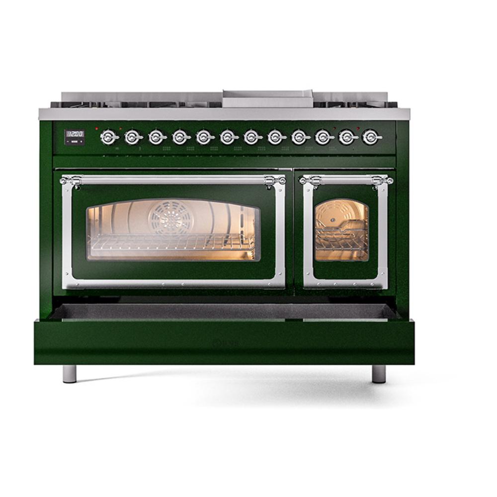 ILVE UN48FNMPEGC Nostalgie II Noblesse 48 inch Dual Fuel Range (8 Sealed Burners + Griddle, Natural Gas, Triple Glass Door, Emerald Green, Chrome)