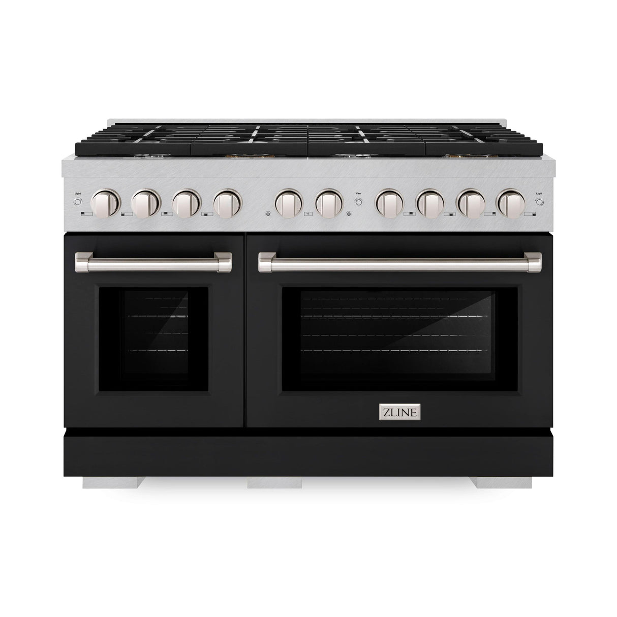 ZLINE 48 in. 6.7 cu. ft. 8 Burner Double Oven Gas Range in DuraSnow' Stainless Steel with Black Matte Doors (SGRS-BLM-48)