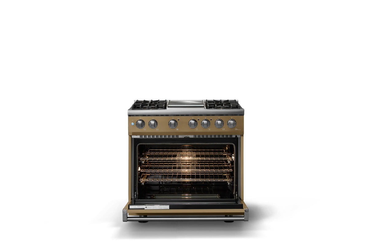 36"W. Dual Fuel Range (Burner: 4g, Finish: Golden Hour, Trim: Polished Chrome, Fuel: Natural Gas)