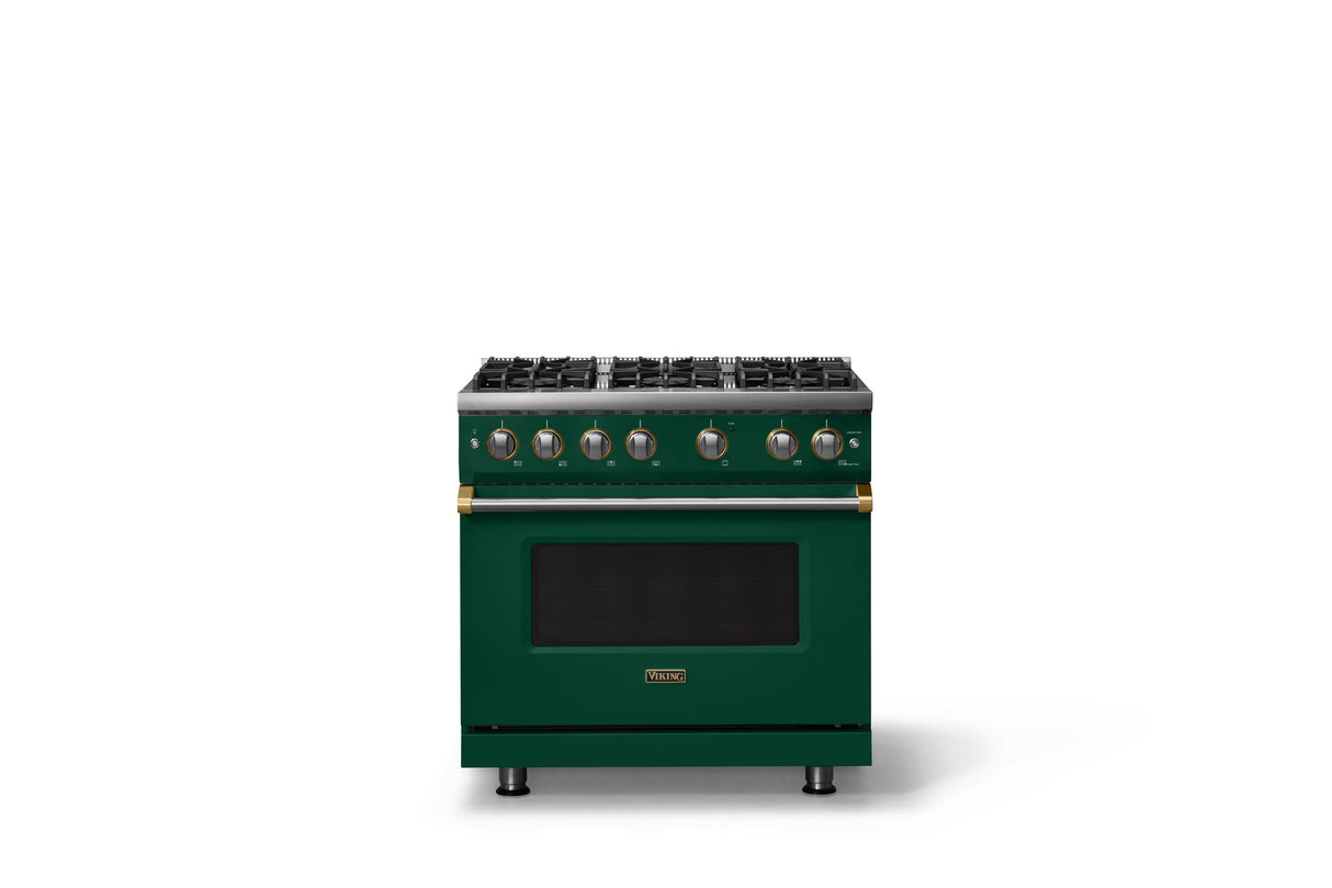 36"W. Sealed Burner Gas Range (Burner: 6b, Finish: Ivy, Trim: Brushed Brass, Fuel: Propane)