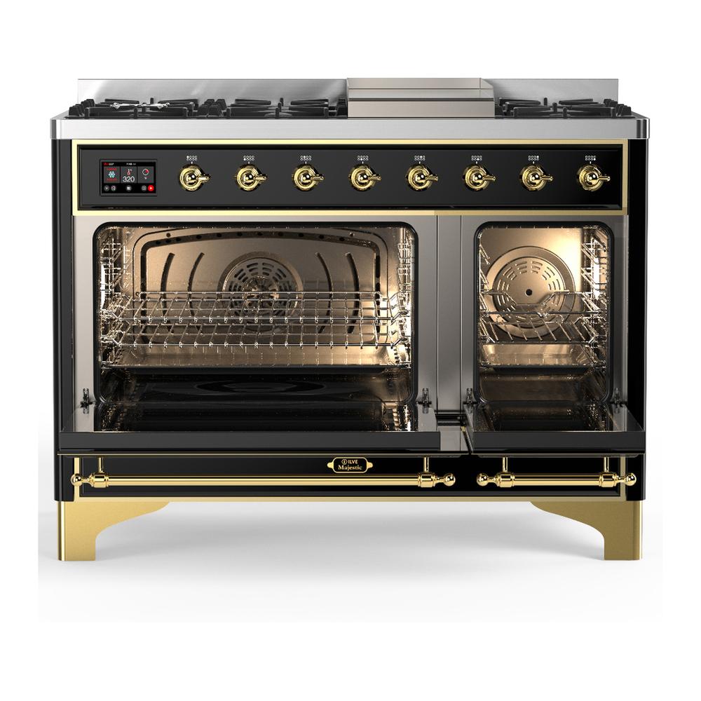 ILVE UM48FNR3BKGLP Majestic III 48 inch Dual Fuel Range with 8 Burners and Griddle, Dual Function Burner up to 25,000 BTU (Liquid Propane, Triple Glass Door, Glossy Black, Brass)