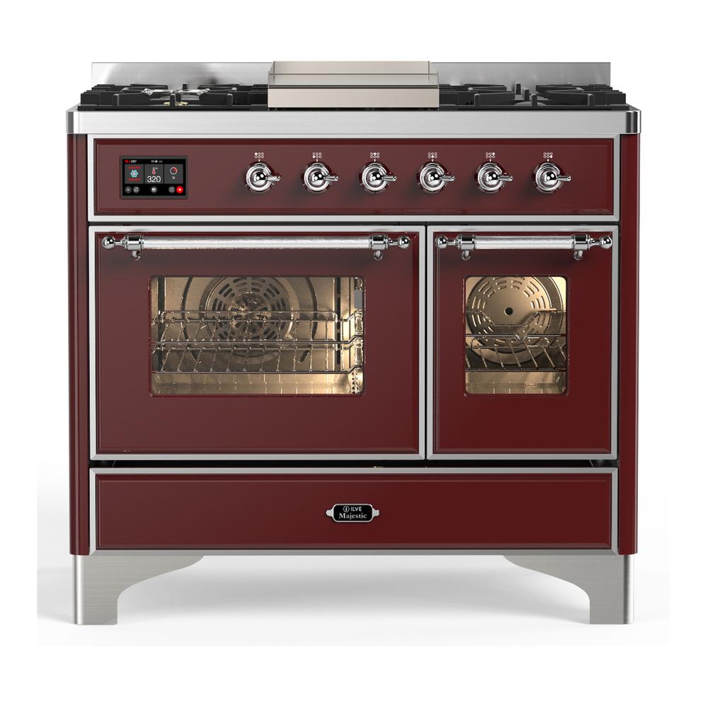 ILVE UMD40FNR3BUC Majestic III 40 inch Dual Fuel Range with 6 Burners and Griddle, Dual Function Burner up to 25,000 BTU (Natural Gas, Triple Glass Door, Burgundy, Chrome)