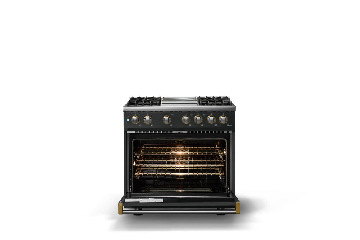 36"W. Dual Fuel Range (Burner: 4g, Finish: Antique Bronze, Trim: Brushed Brass, Fuel: Natural Gas)
