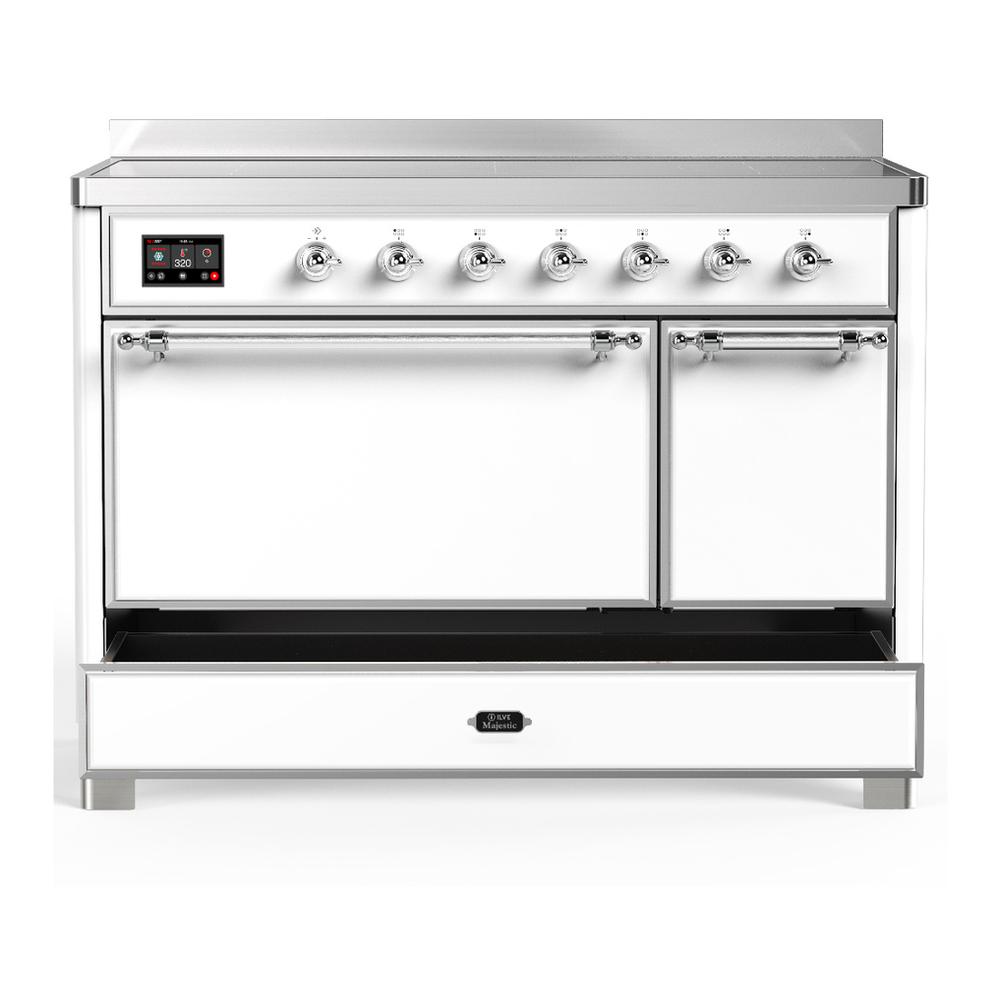 ILVE UMIB48QNR3WHC Majestic III 48 inch Induction Range with 6 Elements, 5.02 cu. ft. Total Oven Capacity (Solid Door, White, Chrome)