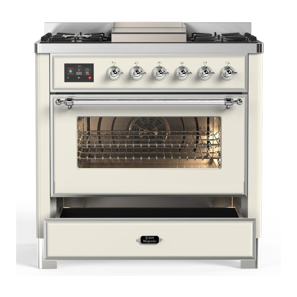 ILVE UM36FNR3AWCLP Majestic III 36 inch Dual Fuel Range with 6 Black Brass Burners and Griddle, Dual Function Burner up to 25,000 BTU (Triple Glass Door, Antique White, Chrome, Liquid Propane)