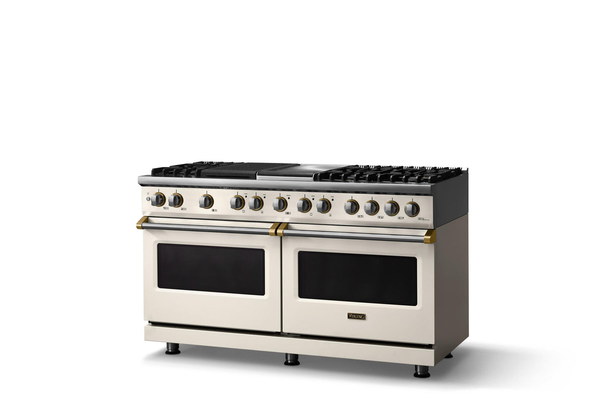 60"W.Dual Fuel Range (Finish: Pure White, Trim: Brushed Brass, Fuel: Propane)