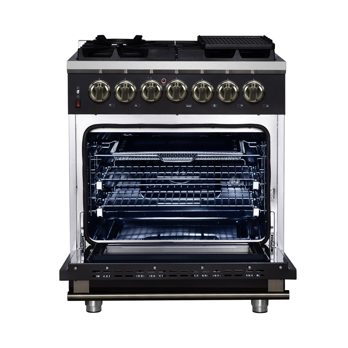 Forno Massimo 30 Inch Freestanding Dual Fuel Range in Black with Antique Brass Accessories, 4 Burners, 4.32 cu. ft. Convection Oven