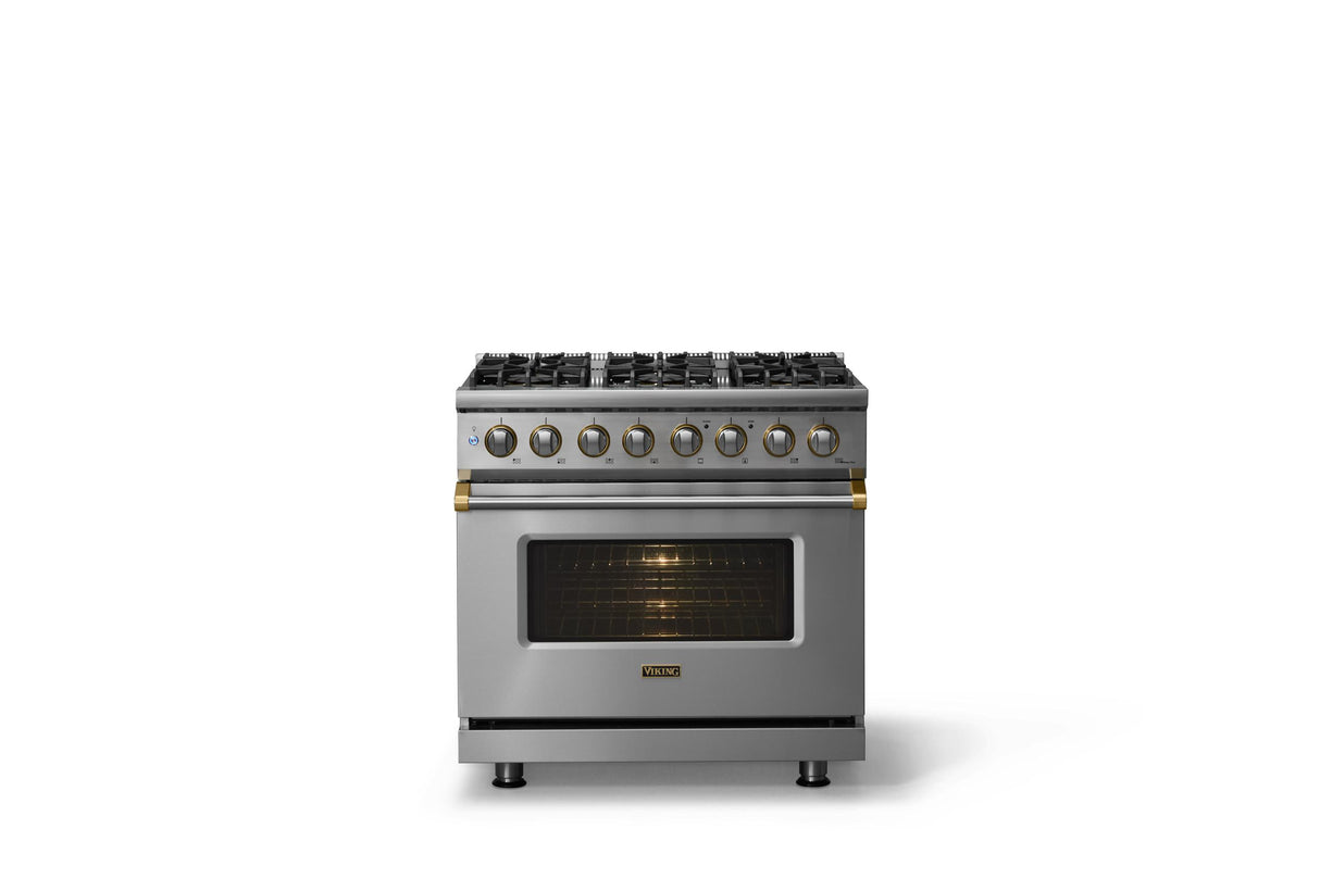 36"W. Dual Fuel Range (Burner: 6b, Finish: Stainless Steel, Trim: Brushed Brass, Fuel: Natural Gas)