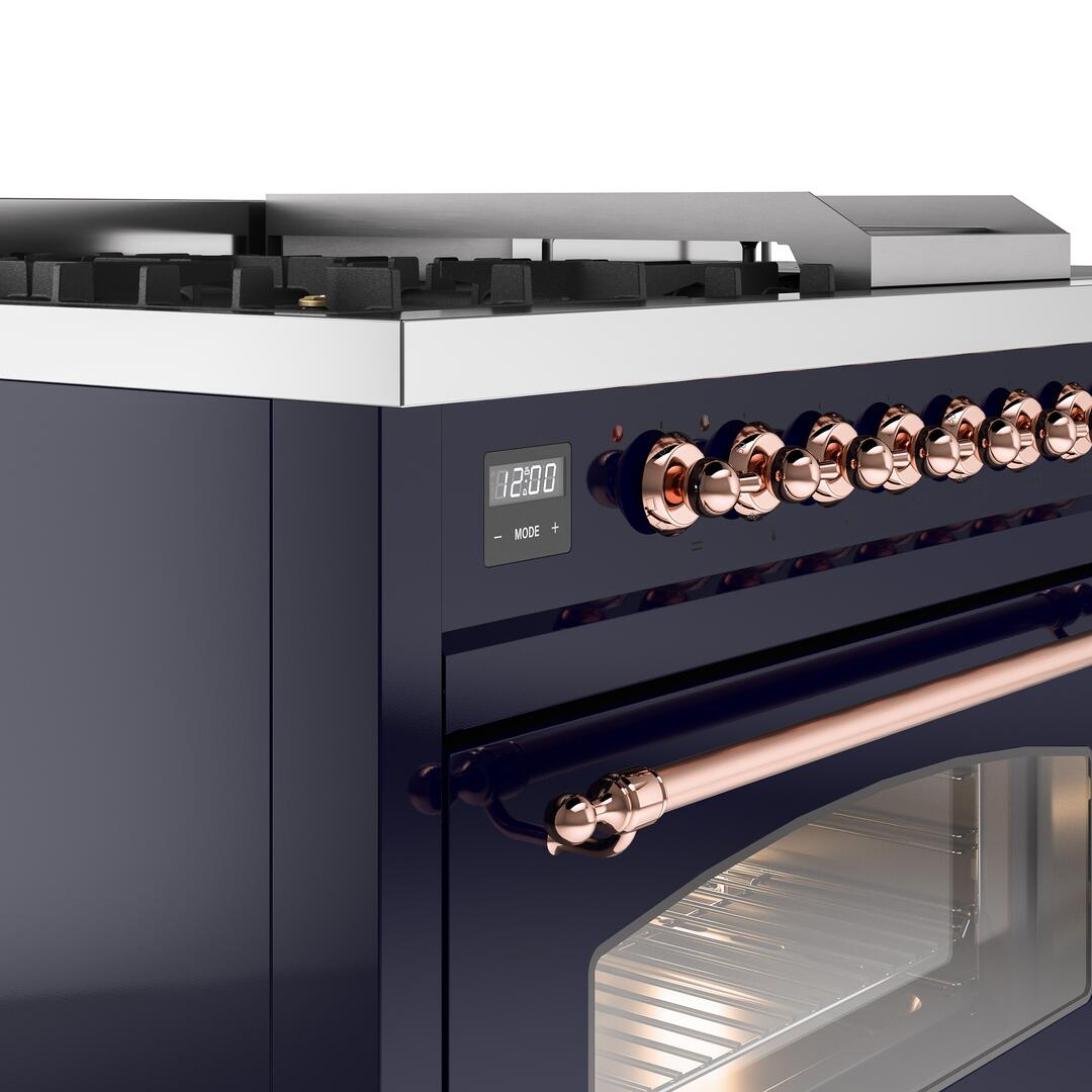 Nostalgie II 48 Inch Dual Fuel Liquid Propane Freestanding Range in Blue with Copper Trim