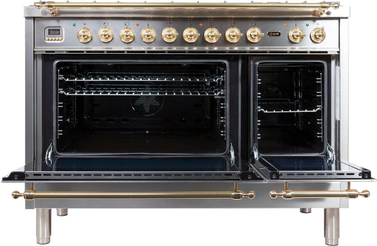 Nostalgie 48 Inch Dual Fuel Natural Gas Freestanding Range in Stainless Steel with Brass Trim