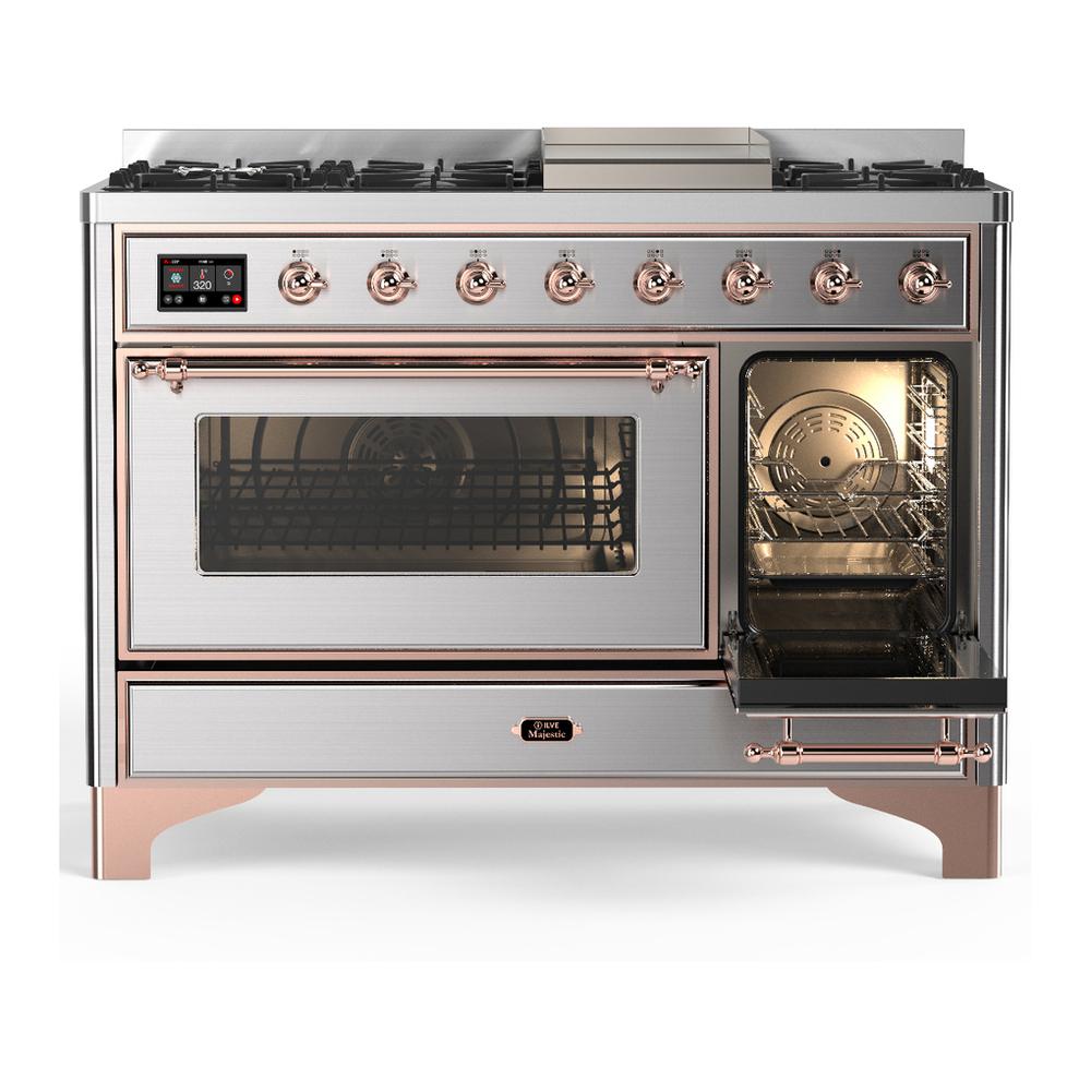 ILVE UM48FNR3SSPLP Majestic III 48 inch Dual Fuel Range with 8 Burners and Griddle, Dual Function Burner up to 25,000 BTU (Liquid Propane, Triple Glass Door, Stainless Steel, Copper)