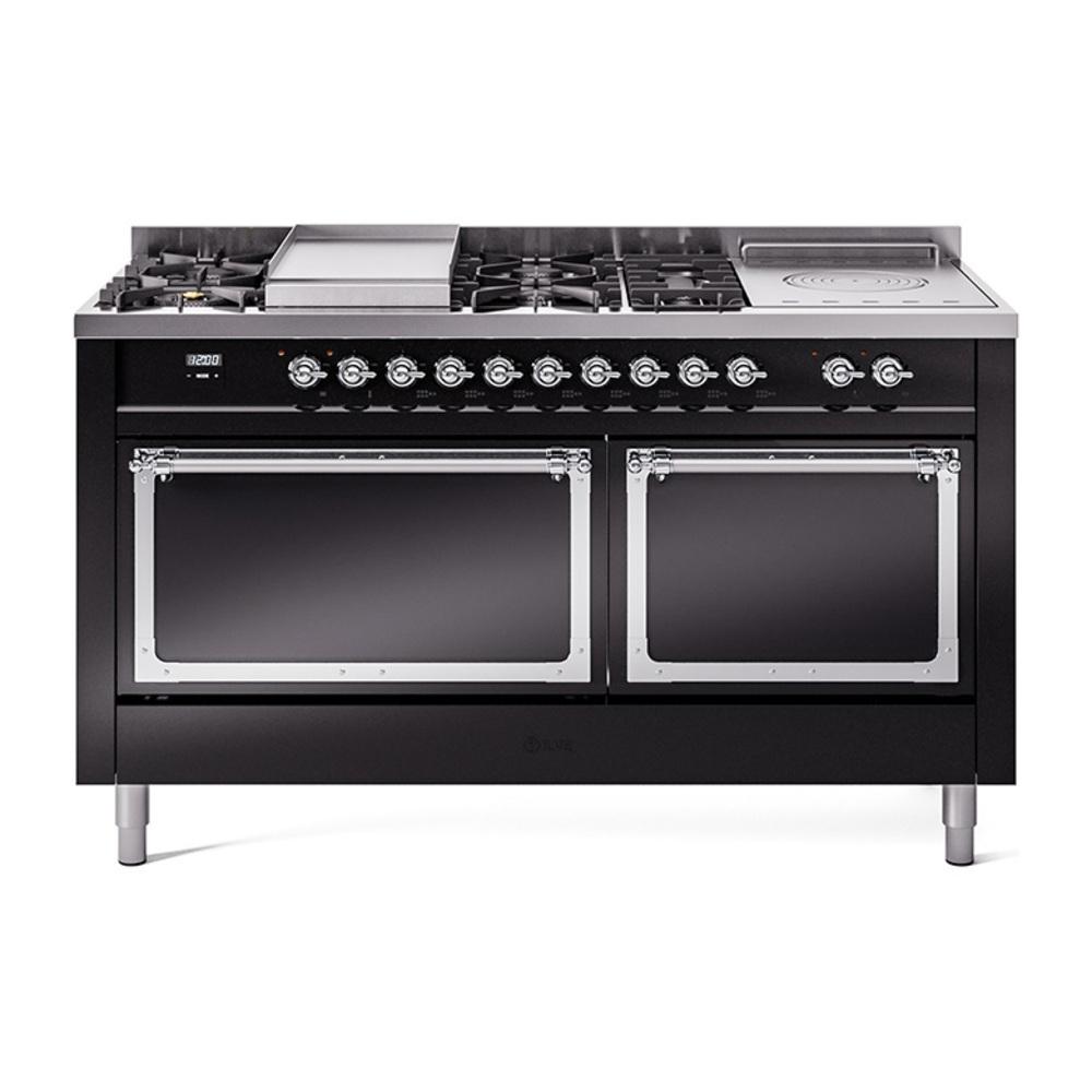 ILVE UN60FSQNMPBKC Nostalgie II Noblesse 60 inch Dual Fuel Range (7 Sealed Burners + Griddle + French Top, Natural Gas, Solid Door, Glossy Black, Chrome)