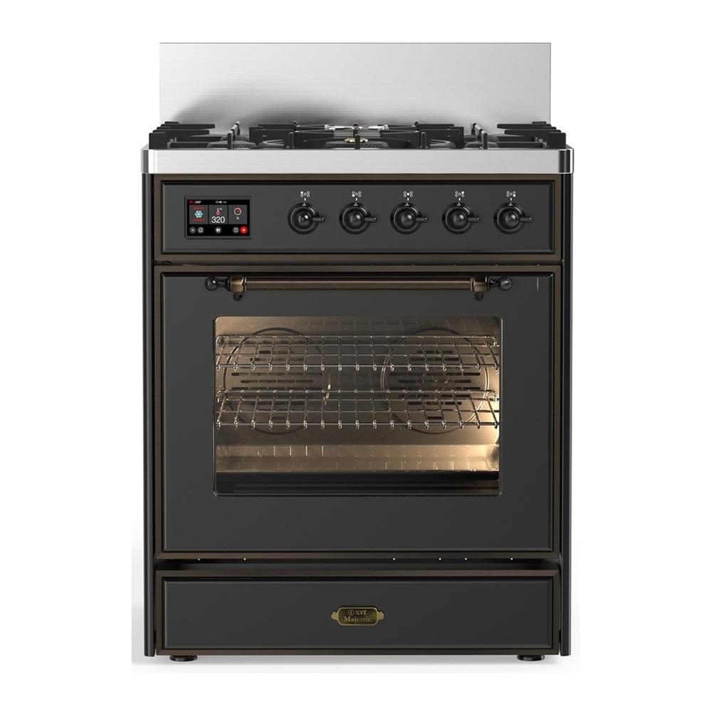 ILVE UM30NR3MGB Majestic III 30 inch Dual Fuel Range with 5 Black Brass Burners, Dual Function Burner up to 25,000 BTU (Natural Gas, Triple Glass Door, Graphite Matte, Burnished)