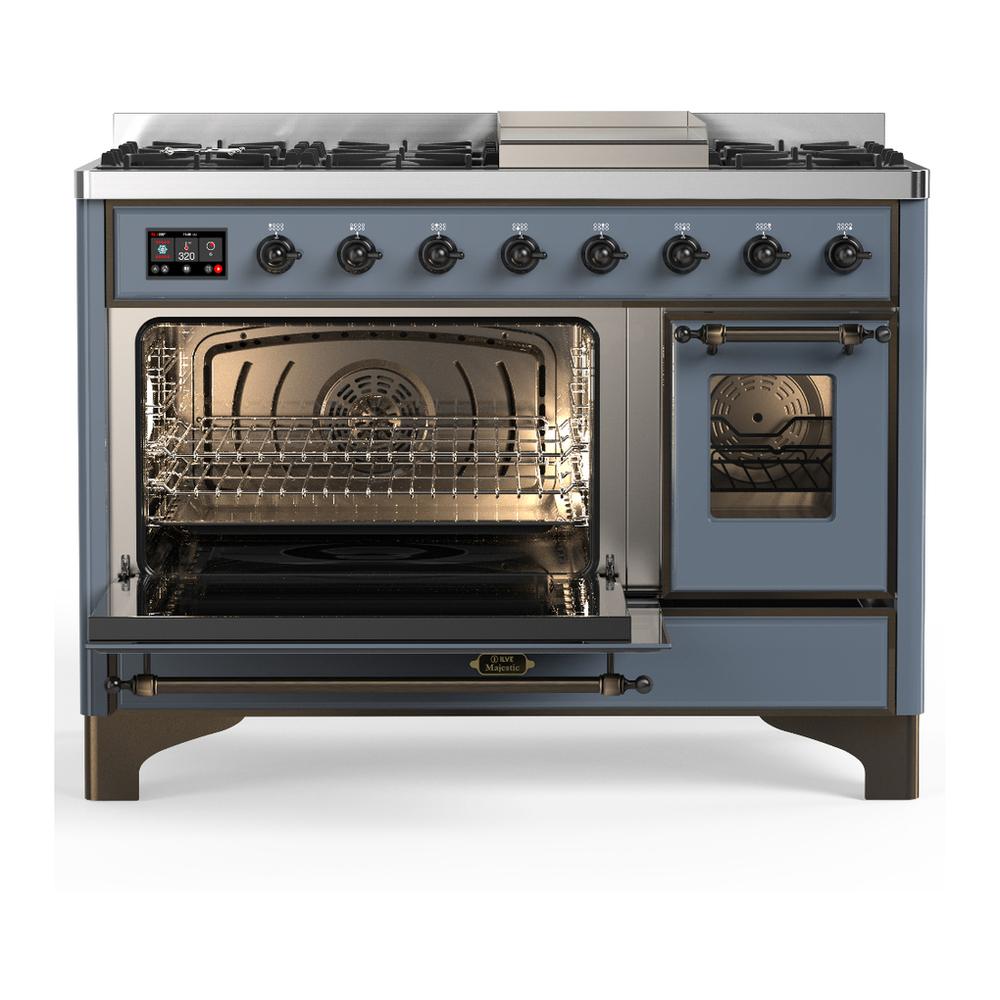 ILVE UM48FNR3BGB Majestic III 48 inch Dual Fuel Range with 8 Burners and Griddle, Dual Function Burner up to 25,000 BTU (Natural Gas, Triple Glass Door, Blue Grey, Burnished)