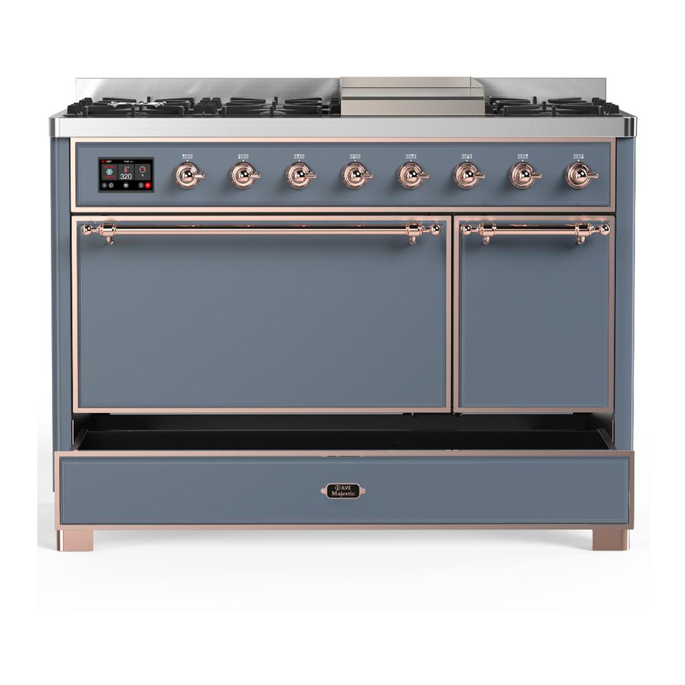 ILVE UM48FQNR3BGP Majestic III 48 inch Dual Fuel Range with 8 Burners and Griddle, Dual Function Burner up to 25,000 BTU (Natural Gas, Solid Door, Blue Grey, Copper)