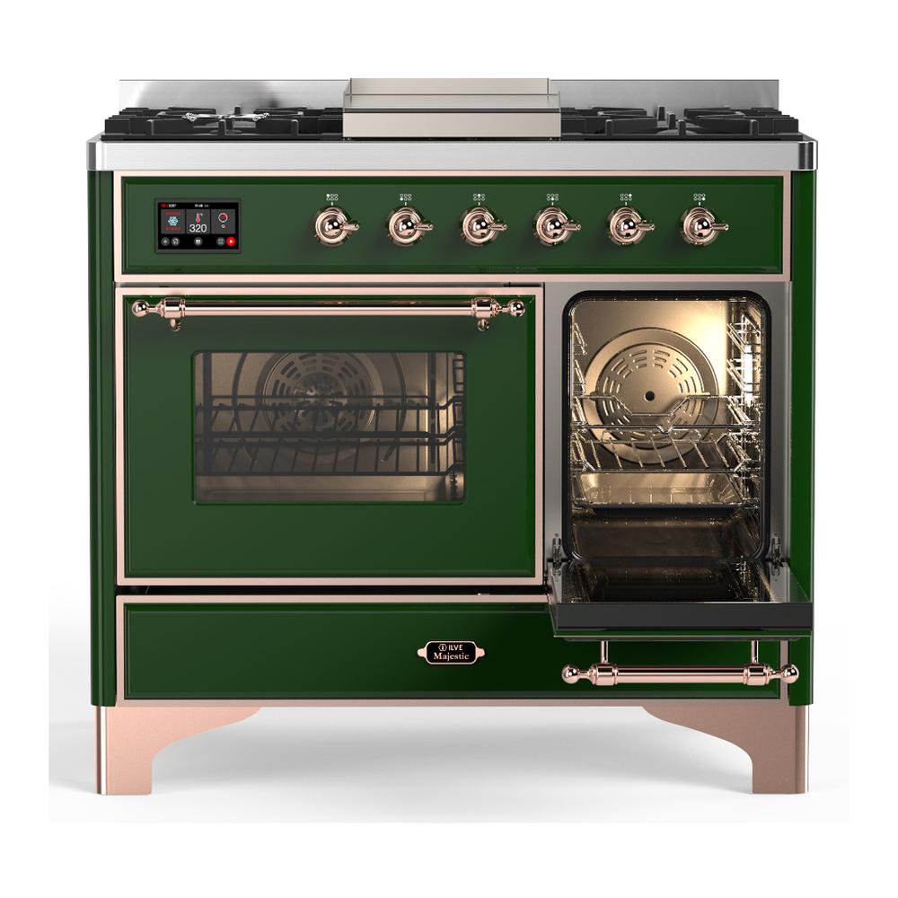 ILVE UMD40FNR3EGP Majestic III 40 inch Dual Fuel Range with 6 Burners and Griddle, Dual Function Burner up to 25,000 BTU (Natural Gas, Triple Glass Door, Emerald Green, Copper)