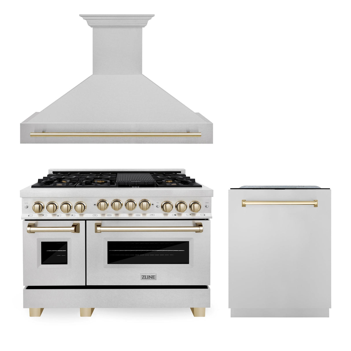 ZLINE 48" Autograph Edition Kitchen Package with DuraSnow Stainless Steel Gas Range, Range Hood and Dishwasher with Gold Accents (3AKPR-RGSRHDWM48-G)