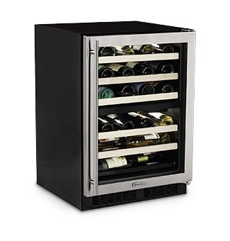 24" High Efficiency Dual Zone Wine Cellar - Solid Panel Overlay Door - Integrated Right Hinge