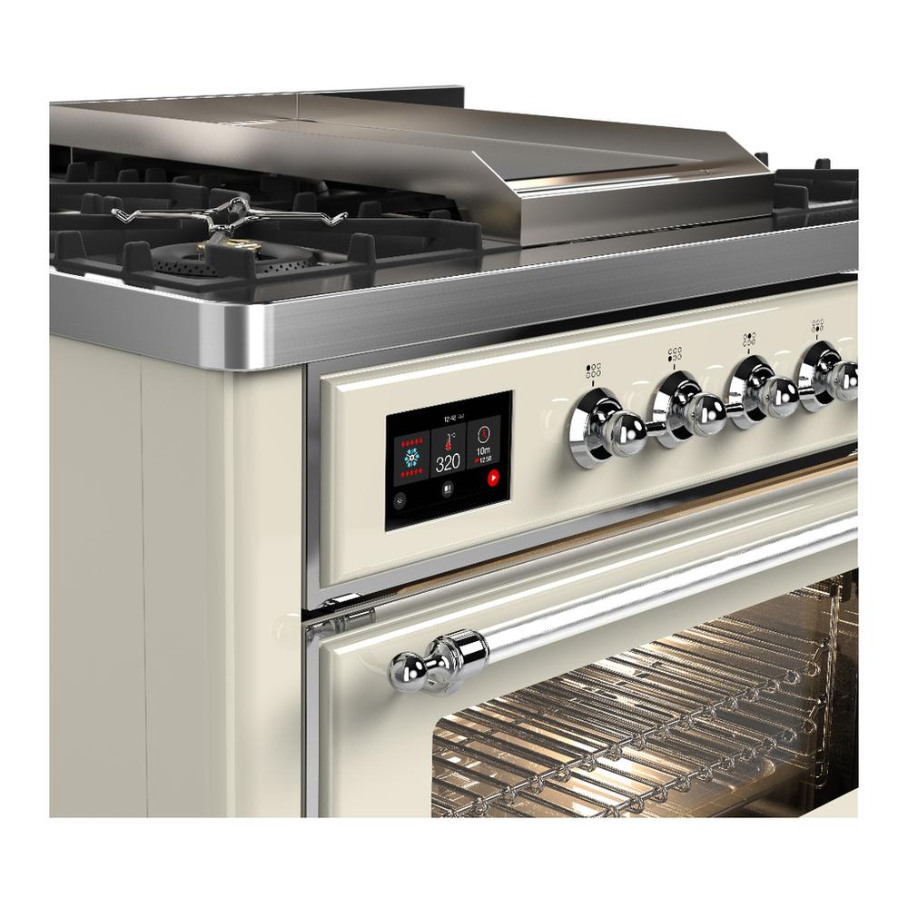 ILVE UM36FNR3AWC Majestic III 36 inch Dual Fuel Range with 6 Black Brass Burners and Griddle, Dual Function Burner up to 25,000 BTU (Triple Glass Door, Antique White, Chrome, Natural Gas)