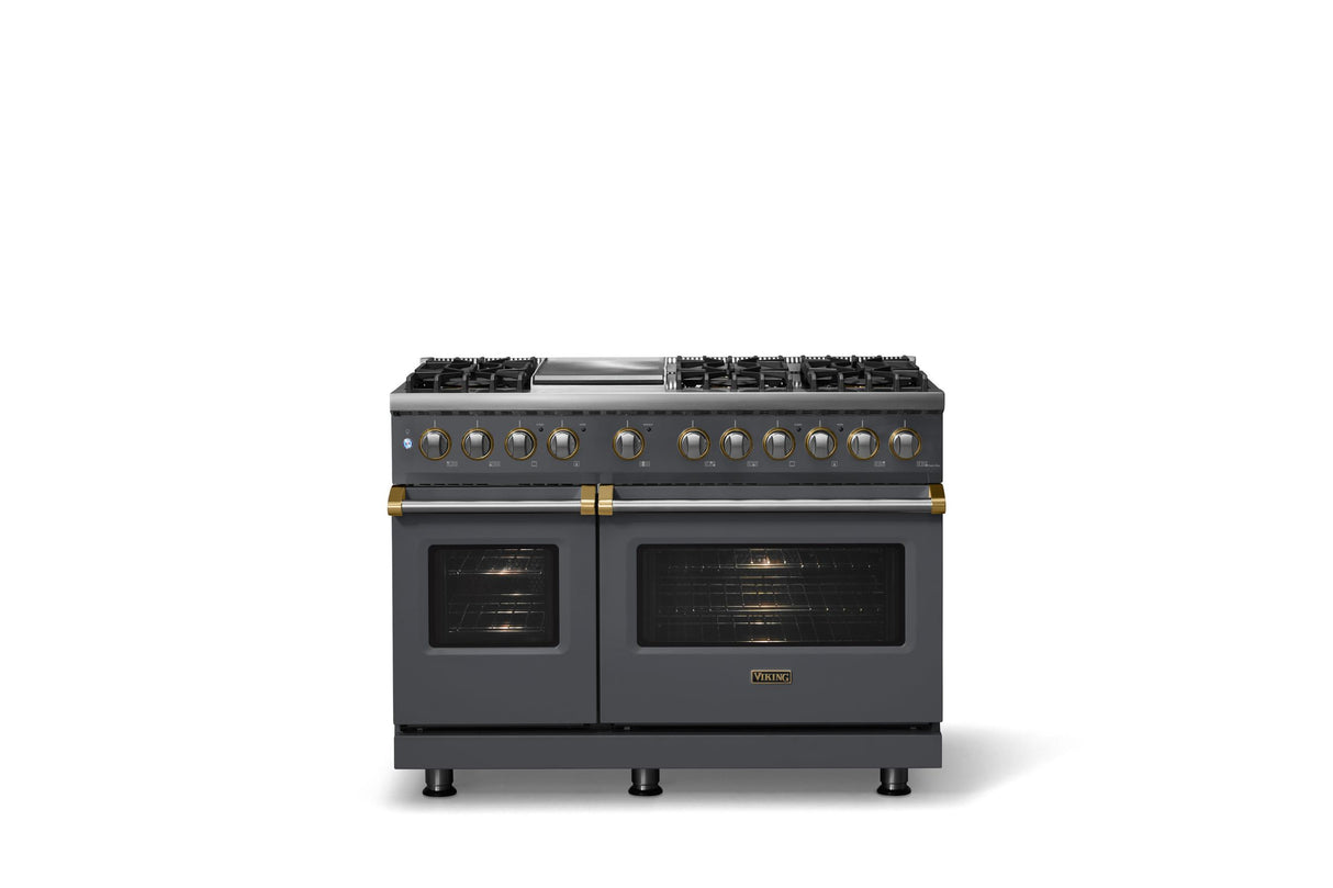 48"W. Dual Fuel Range (Burner: 6g, Finish: Cast Black, Trim: Brushed Brass, Fuel: Propane)