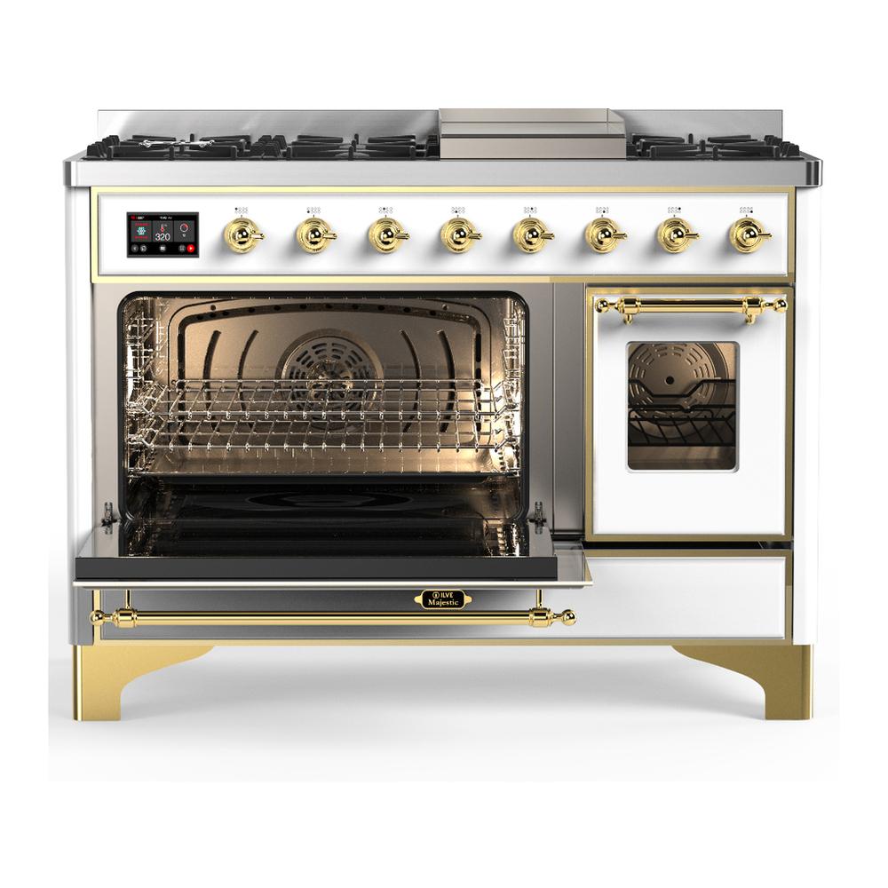 ILVE UM48FNR3WHGLP Majestic III 48 inch Dual Fuel Range with 8 Burners and Griddle, Dual Function Burner up to 25,000 BTU (Liquid Propane, Triple Glass Door, White, Brass)