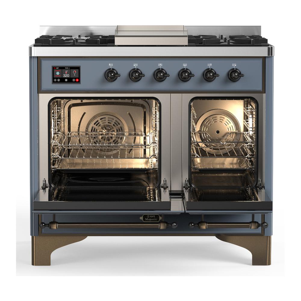 ILVE UMD40FNR3BGB Majestic III 40 inch Dual Fuel Range with 6 Burners and Griddle, Dual Function Burner up to 25,000 BTU (Natural Gas, Triple Glass Door, Blue Grey, Burnished)