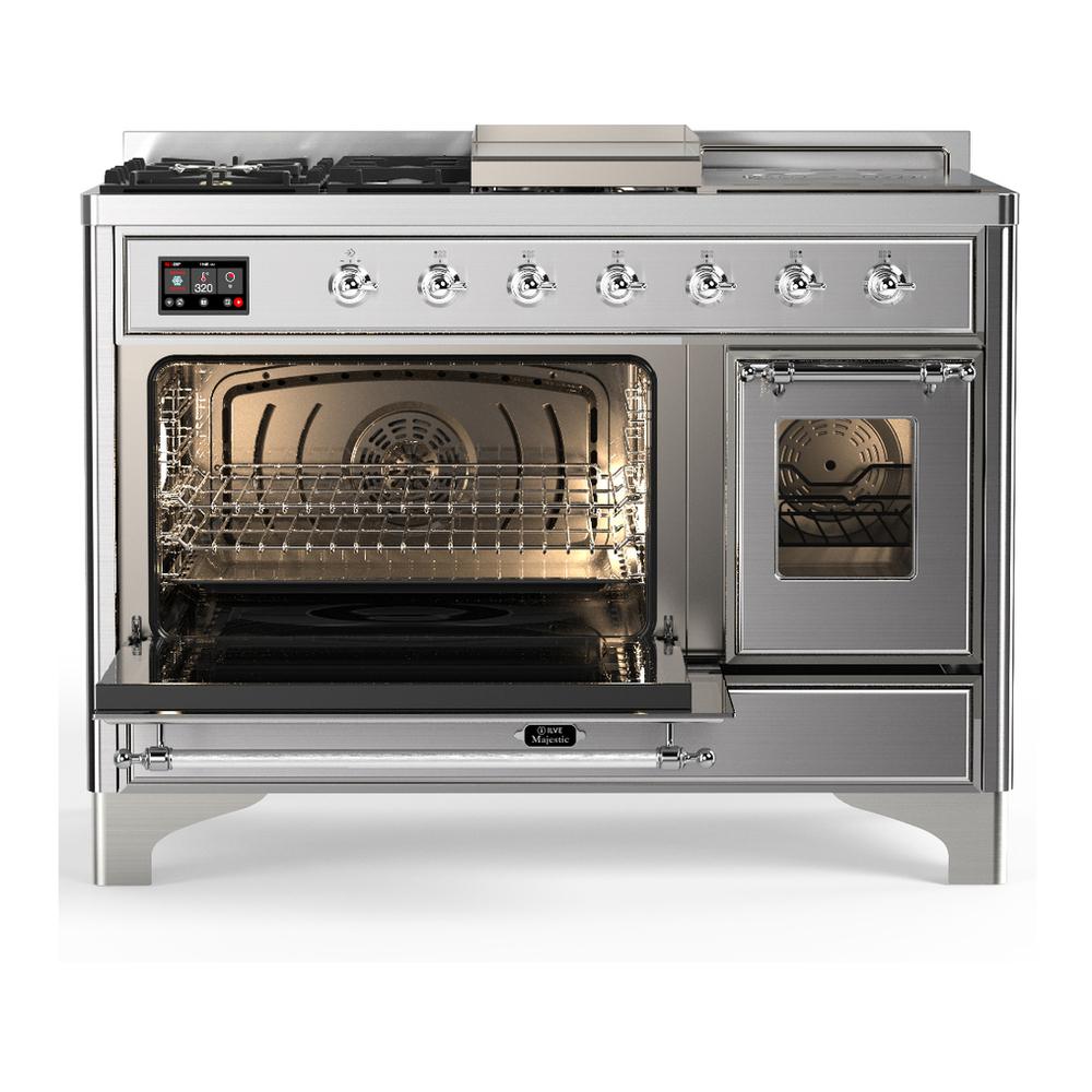 ILVE UM48FSNR3SSC Majestic III 48 inch Dual Fuel Range with 5 Black Brass Burners, Griddle and French Top, Dual Function Burner up to 25,000 BTU (Natural Gas, Triple Glass Door, Stainless Steel, Chrome)