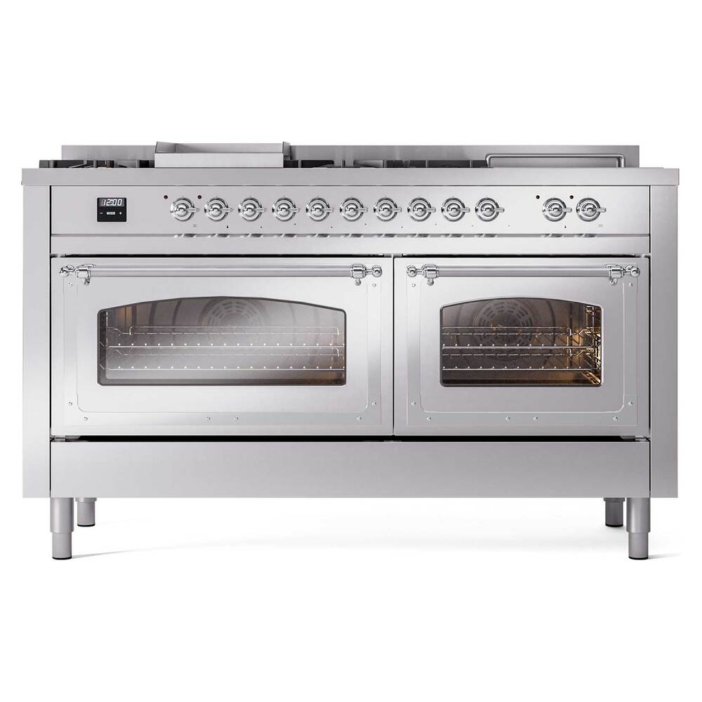 ILVE UN60FSNMPSSCLP Nostalgie II Noblesse 60 inch Dual Fuel Range (7 Sealed Burners + Griddle + French Top, Liquid Propane, Triple Glass Door, Stainless Steel, Chrome)