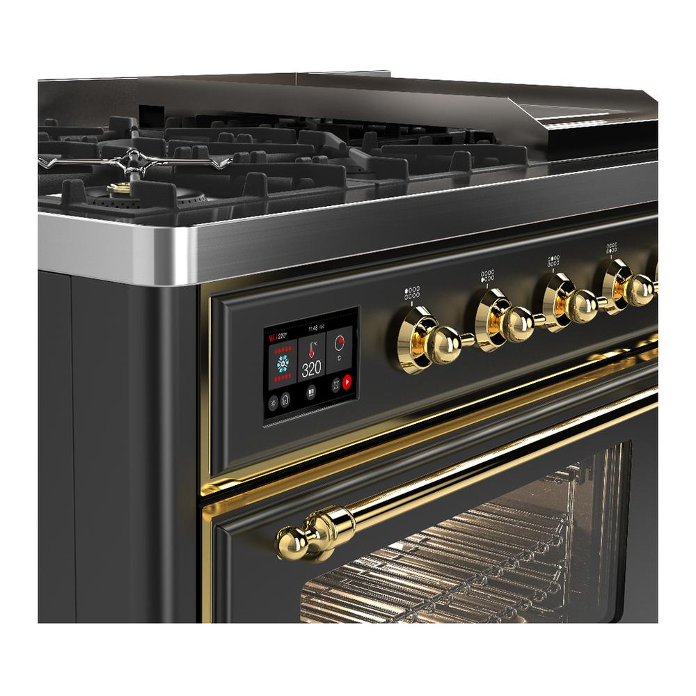 ILVE UM48FNR3MGG Majestic III 48 inch Dual Fuel Range with 8 Burners and Griddle, Dual Function Burner up to 25,000 BTU (Natural Gas, Triple Glass Door, Graphite Matte, Brass)