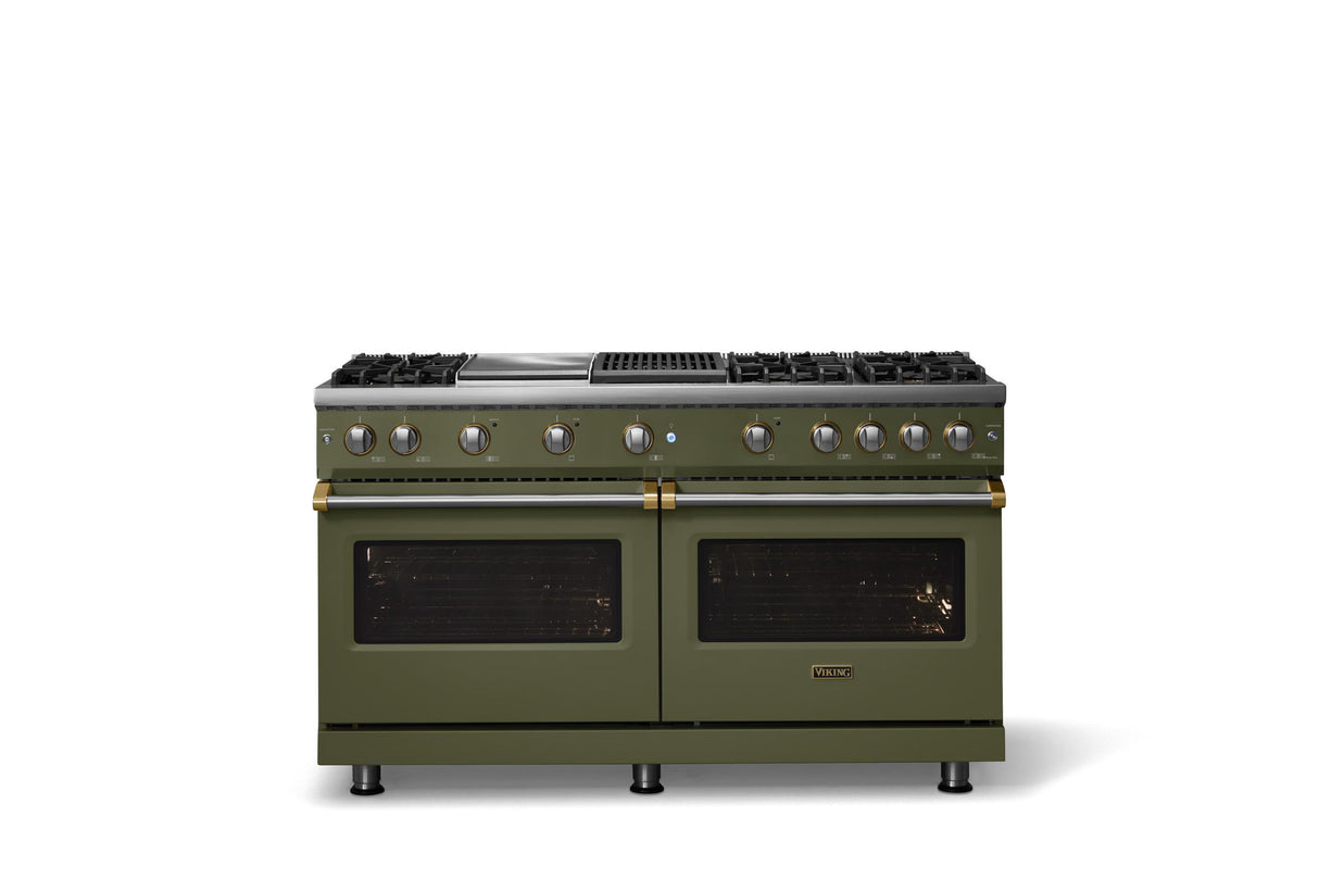 60"W. Sealed Burner Gas Range (Finish: Martini, Trim: Brushed Brass, Fuel: Natural Gas)
