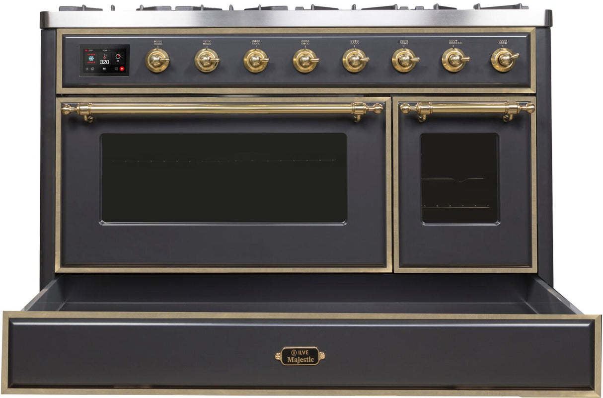 Majestic II 48 Inch Dual Fuel Liquid Propane Freestanding Range in Matte Graphite with Brass Trim