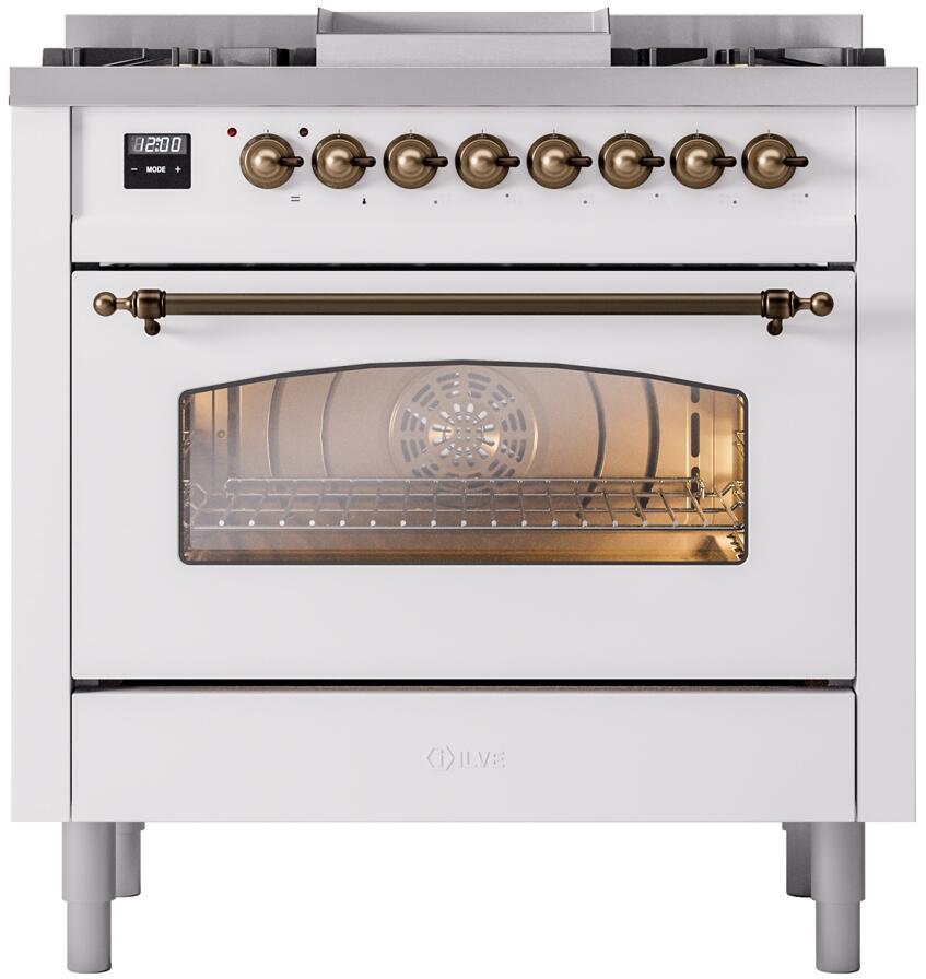 Nostalgie II 36 Inch Dual Fuel Liquid Propane Freestanding Range in White with Bronze Trim