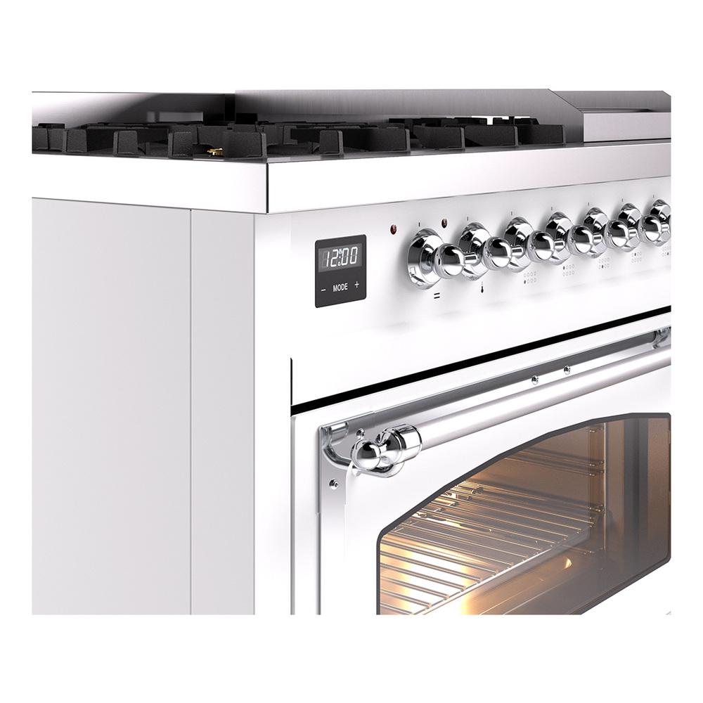 ILVE UN48FNMPWHCLP Nostalgie II Noblesse 48 inch Dual Fuel Range (8 Sealed Burners + Griddle, Liquid Propane, Triple Glass Door, White, Chrome)