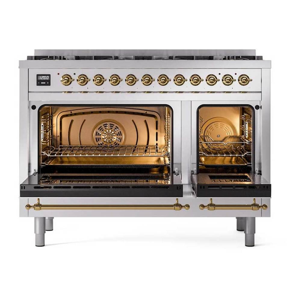 ILVE UP488NMPSSG Nostalgie II 48 inch Dual Fuel Range with 8 Total Black Brass Sealed Burners, Brass Trim (Limited Edition) (Natural Gas, Stainless Steel)