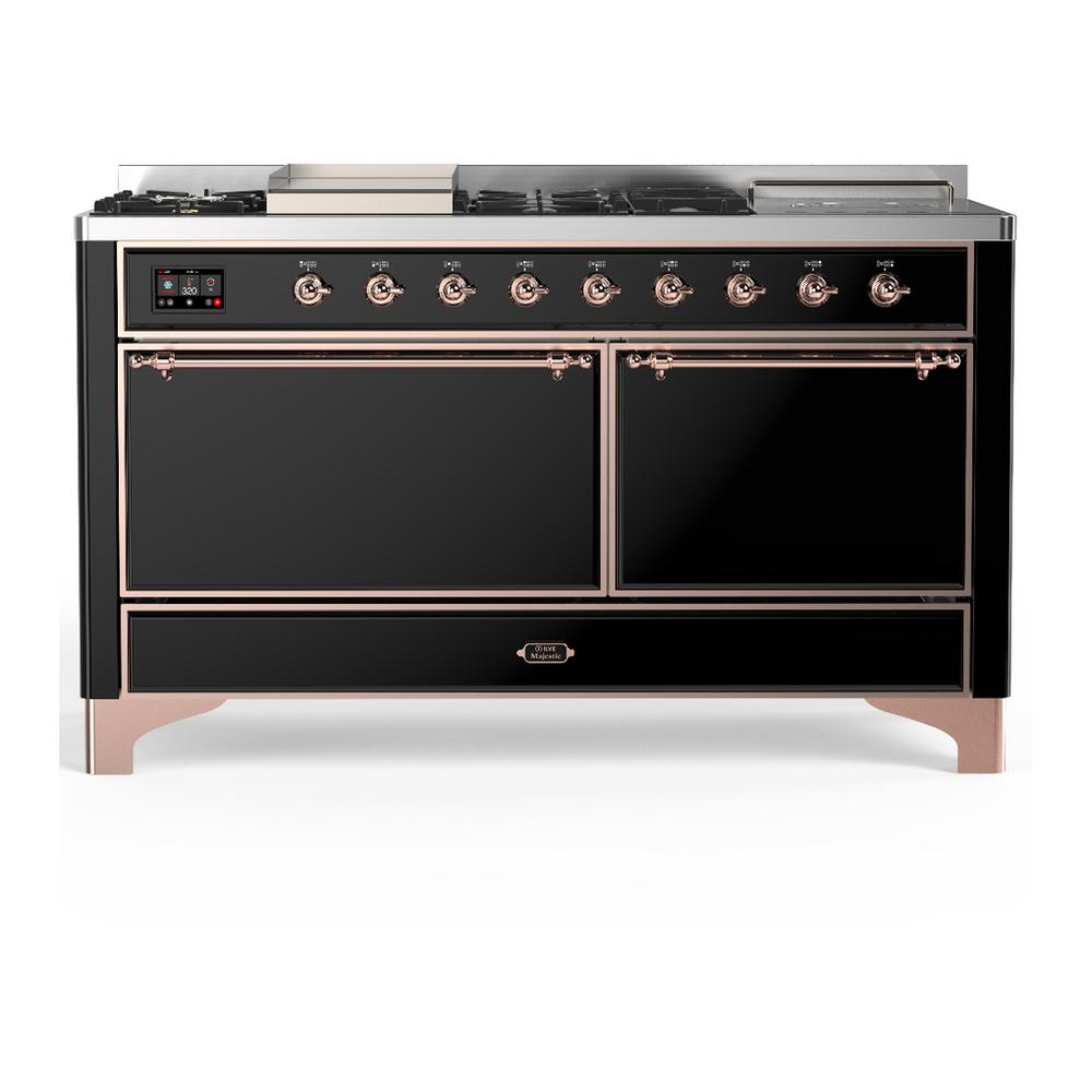 ILVE UM60FSQNR3BKP Majestic III 60 inch Dual Fuel Range with 7 Burners, Griddle and French Top, Dual Function Burner with up to 25,000 BTU (Natural Gas, Solid Door, Glossy Black, Copper)