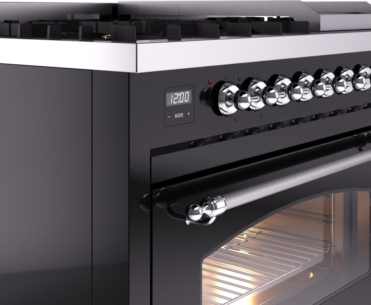 Nostalgie II 48 Inch Dual Fuel Natural Gas Freestanding Range in Glossy Black with Chrome Trim