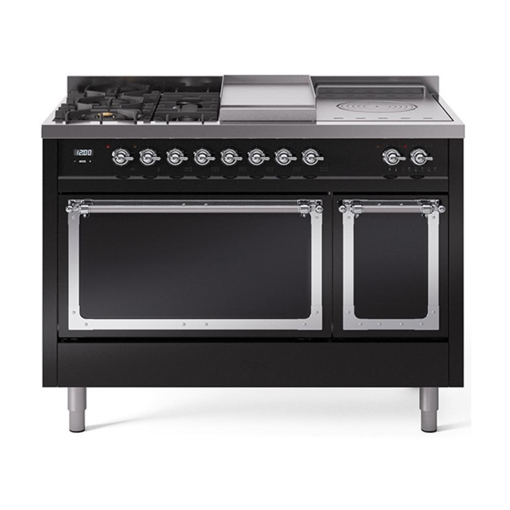 ILVE UN48FSQNMPBKC Nostalgie II Noblesse 48 inch Dual Fuel Range (5 Sealed Burners + Griddle + French Top, Natural Gas, Solid Door, Glossy Black, Chrome)