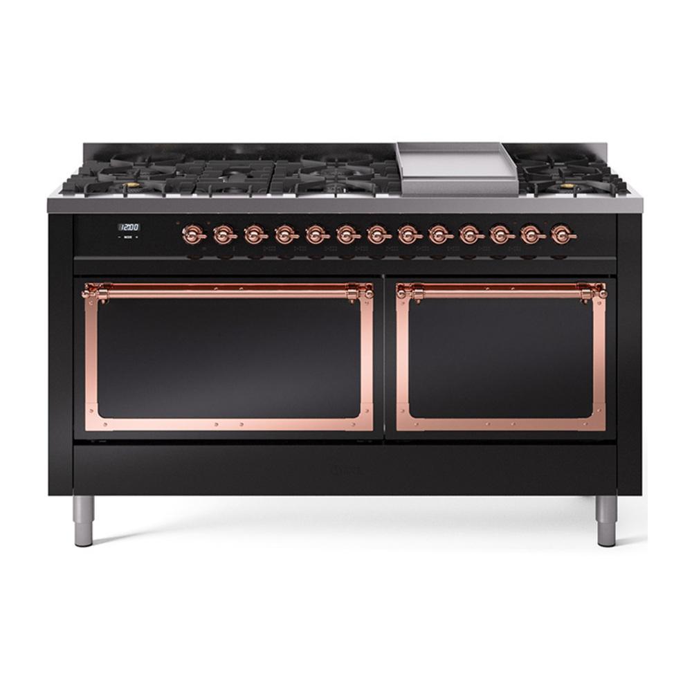 ILVE UN60FQNMPBKPLP Nostalgie II Noblesse 60 inch Dual Fuel Range (9 Sealed Burners + Griddle, Liquid Propane, Solid Door, Glossy Black, Copper)