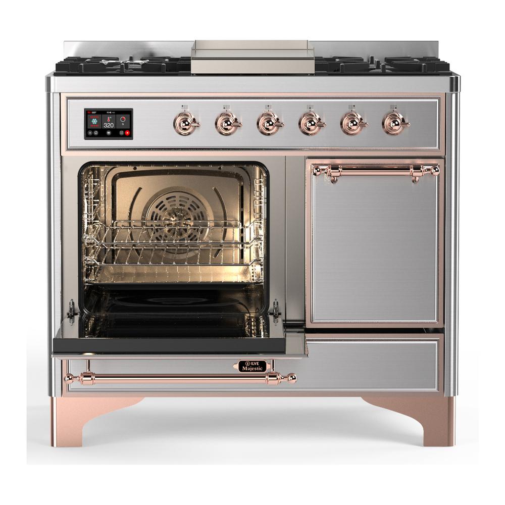 ILVE UMD40FQNR3SSPLP Majestic III 40 inch Dual Fuel Range with 6 Burners and Griddle, Dual Function Burner up to 25,000 BTU (Liquid Propane, Solid Door, Stainless Steel, Copper)
