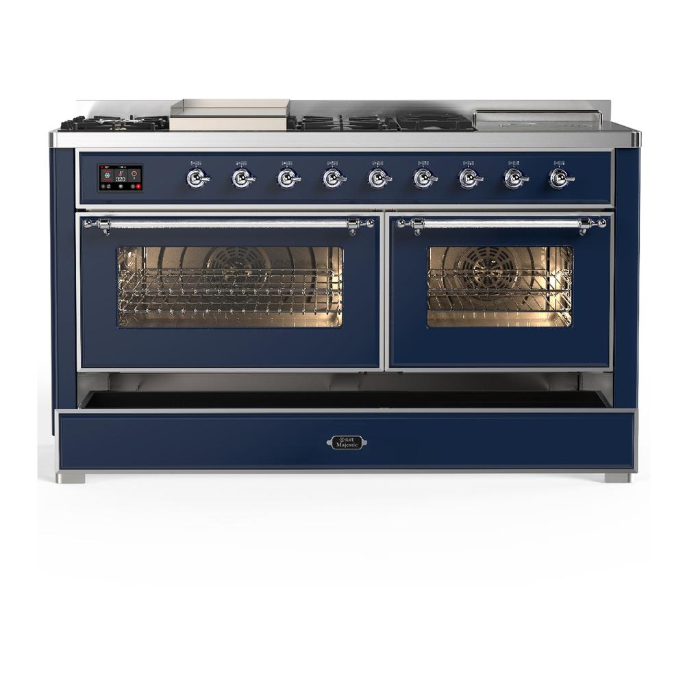 ILVE UM60FSNR3MBCLP Majestic III 60 inch Dual Fuel Range with 7 Burners, Griddle and French Top, Dual Function Burner with up to 25,000 BTU (Liquid Propane, Triple Glass Door, Midnight Blue, Chrome)