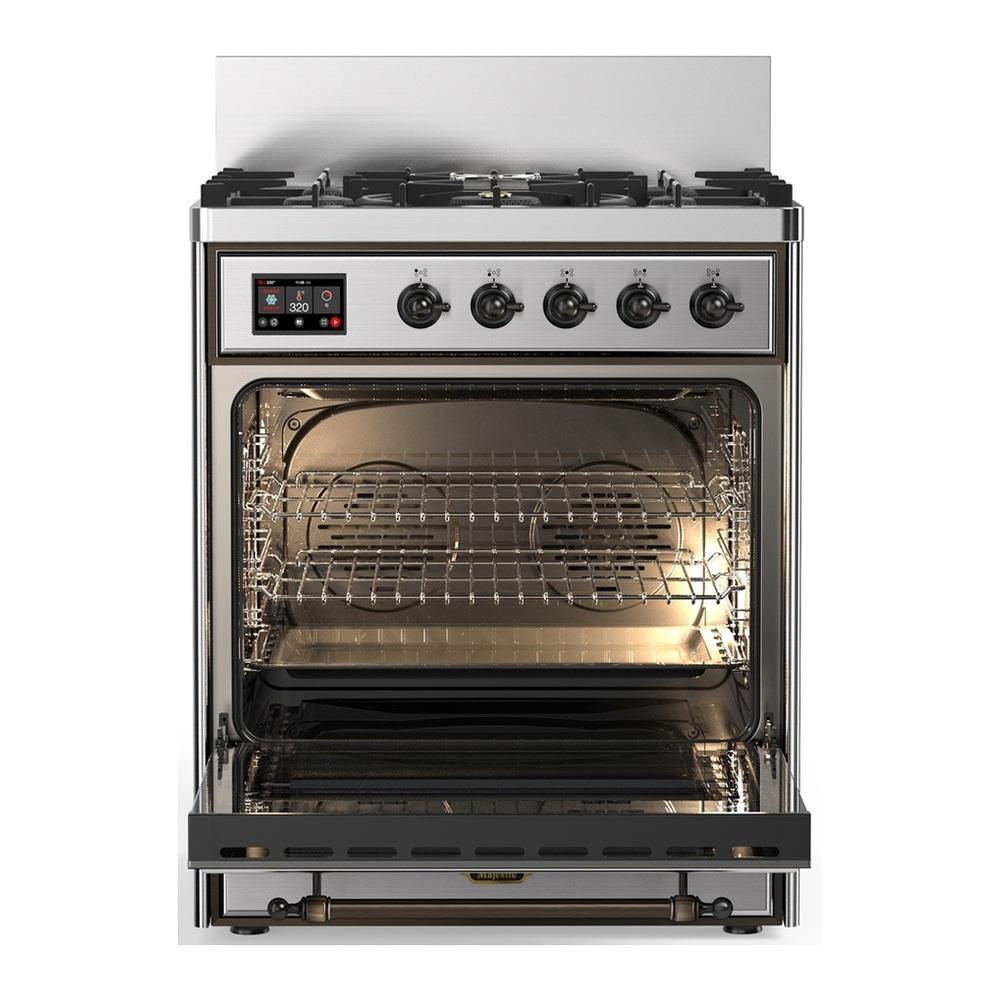 ILVE UM30NR3SSBLP Majestic III 30 inch Dual Fuel Range with 5 Black Brass Burners, Dual Function Burner up to 25,000 BTU (Liquid Propane, Triple Glass Door, Stainless Steel, Burnished)