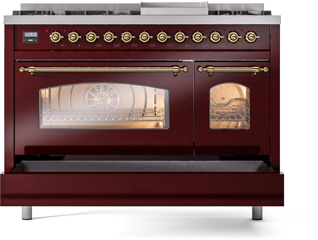 Nostalgie II 48 Inch Dual Fuel Natural Gas Freestanding Range in Burgundy with Brass Trim