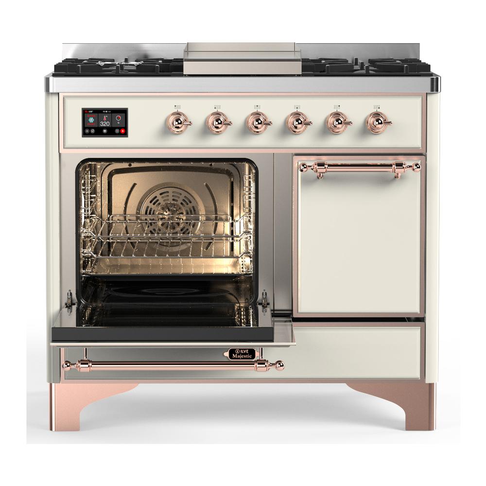 ILVE UMD40FQNR3AWP Majestic III 40 inch Dual Fuel Range with 6 Burners and Griddle, Dual Function Burner up to 25,000 BTU (Natural Gas, Solid Door, Antique White, Copper)