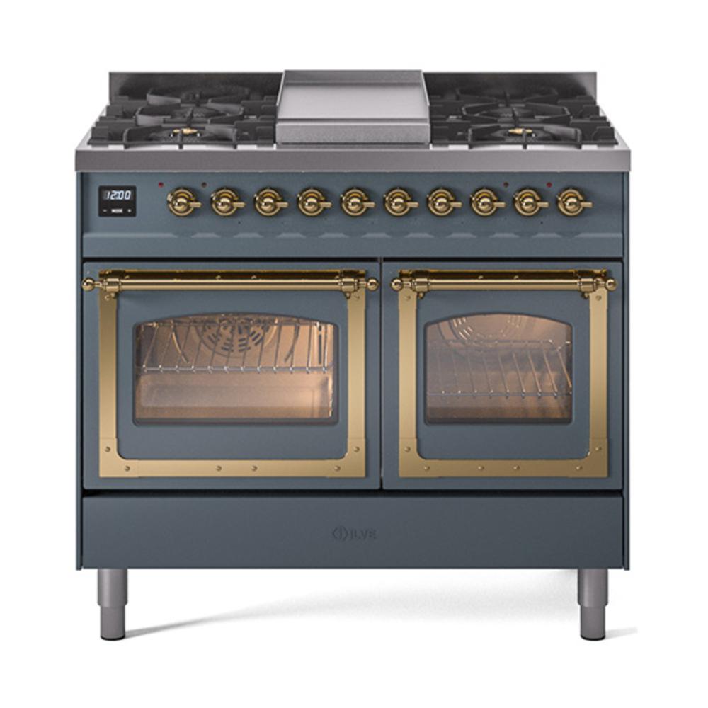 ILVE UND40FNMPBGGLP Nostalgie II Noblesse 40 inch Dual Fuel Range (Liquid Propane, Triple Glass Door, Blue Grey, Brass)