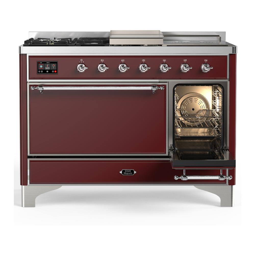ILVE UM48FSQNR3BUCLP Majestic III 48 inch Dual Fuel Range with 5 Black Brass Burners, Griddle and French Top, Dual Function Burner up to 25,000 BTU (Liquid Propane, Solid Door, Burgundy, Chrome)