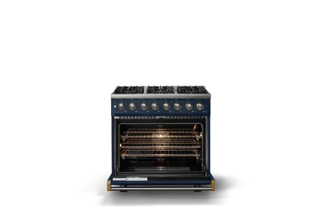 36"W. Dual Fuel Range (Burner: 6b, Finish: Slate Blue, Trim: Brushed Brass, Fuel: Propane)