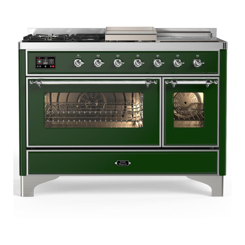 ILVE UM48FSNR3EGCLP Majestic III 48 inch Dual Fuel Range with 5 Black Brass Burners, Griddle and French Top, Dual Function Burner up to 25,000 BTU (Liquid Propane, Triple Glass Door, Emerald Green, Chrome)