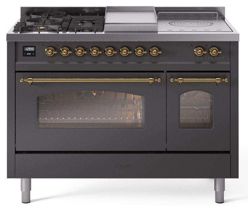 Nostalgie II 48 Inch Dual Fuel Natural Gas Freestanding Range in Matte Graphite with Brass Trim