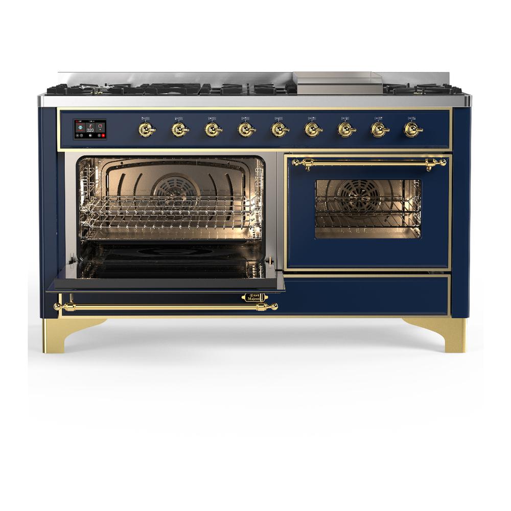 ILVE UM60FNR3MBGLP Majestic III 60 inch Dual Fuel Range with 9 Burners and Griddle, Dual Function Burner up to 25,000 BTU (Liquid Propane, Triple Glass Door, Midnight Blue, Brass)